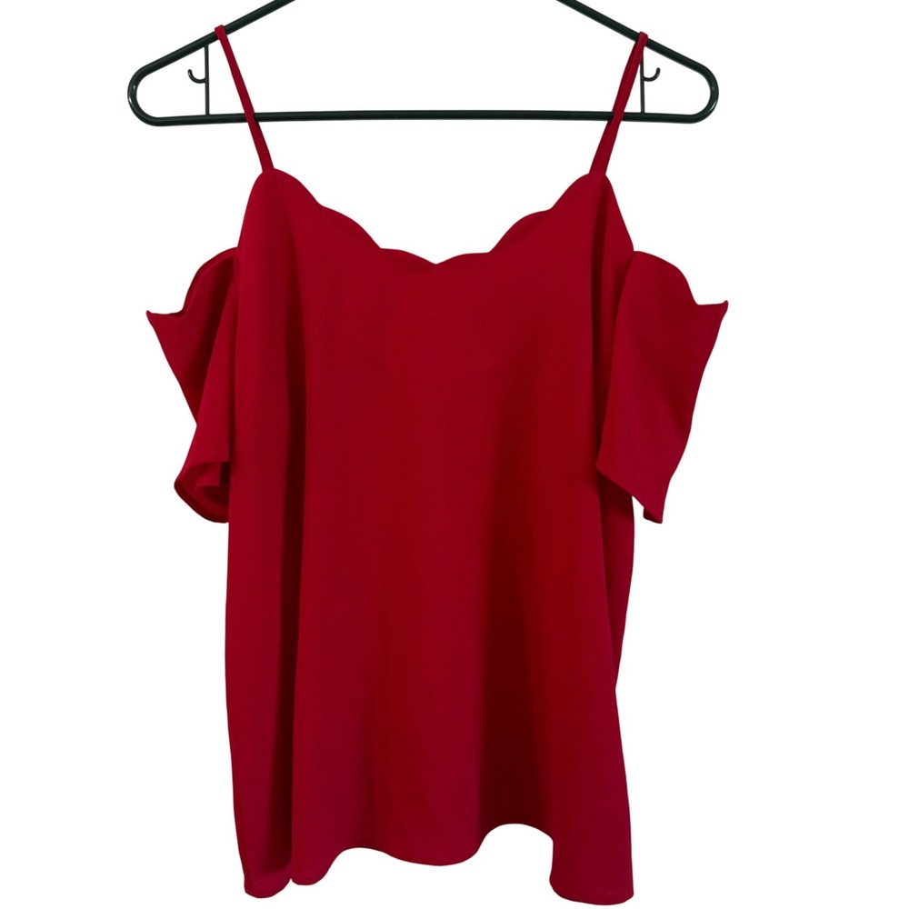 Monteau off the shoulder red silk scalloped women's large short sleeve shirt